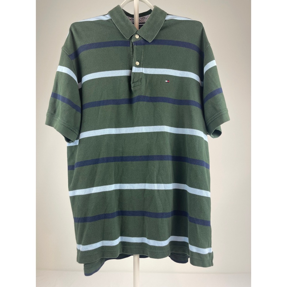 Tommy Hilfiger Mens XL Polo Shirt Dark Green Striped Short Sleeve Logo Pique